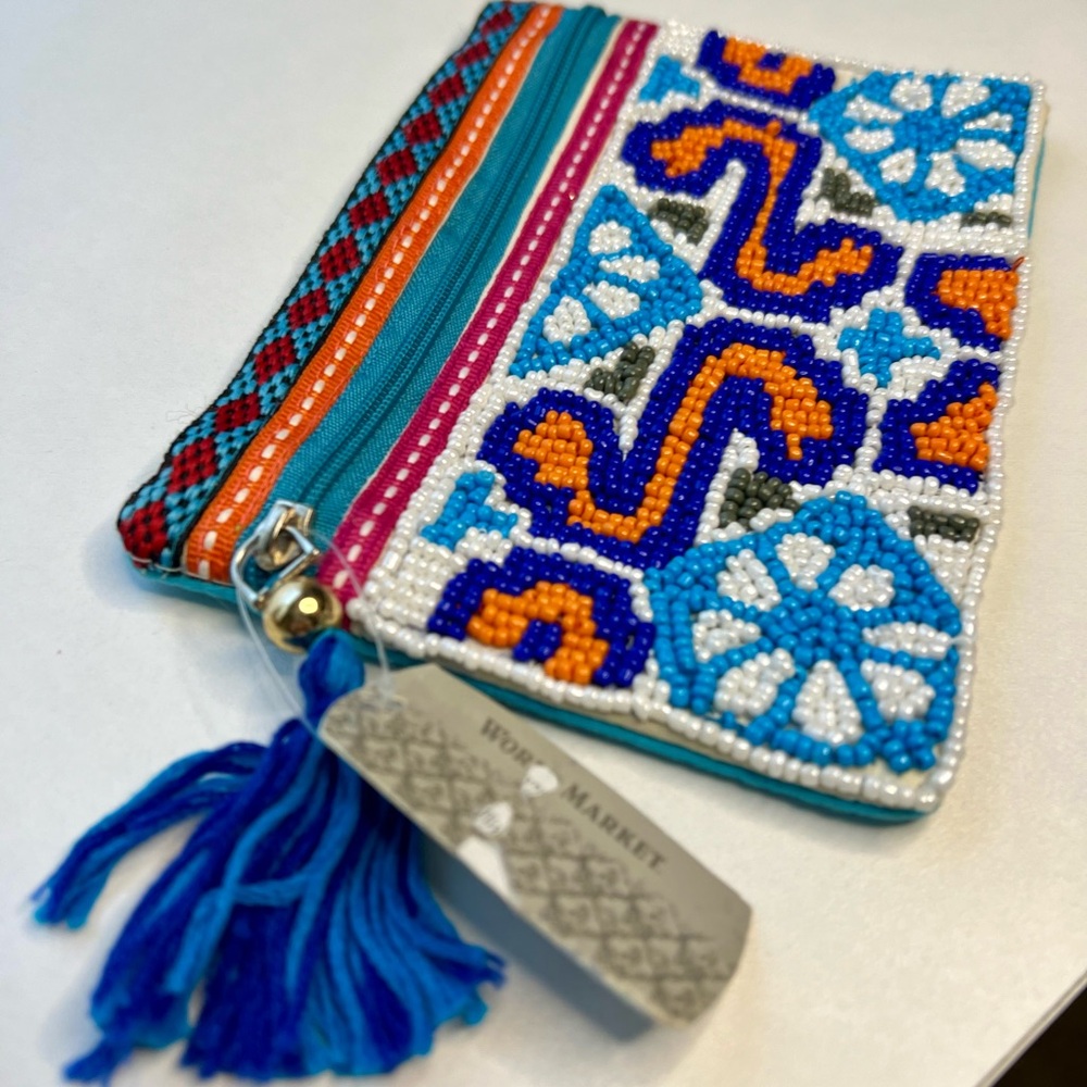 NWT World Market Colorful Beaded Coin Card Purse Pouch 6” Made in India Cotton